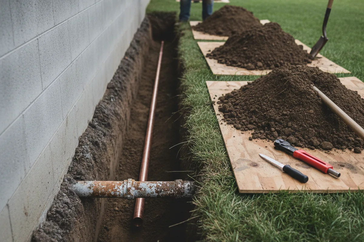 Excavated water line trench during Water Softener Installation in Malverne